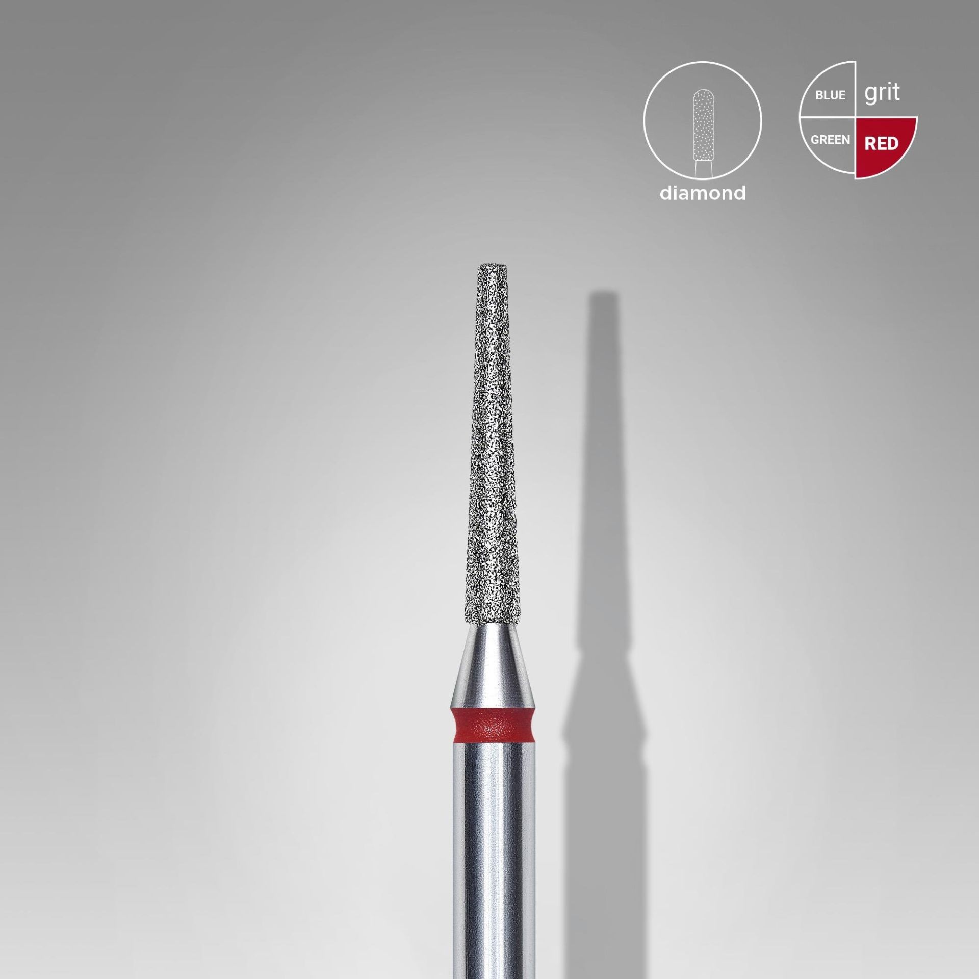 Elmas Kesik Koni Freze, Kırmızı, Çap 1,6 mm, Çalışma Kısmı 10 mm